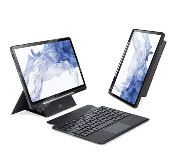  DUX DUCIS notesz / mappa tok - FEKETE - oldalra nyíló, szövettel bevont, asztali tartó funkció, mágneses bluetooth billentyűzet (ANGOL KIOSZTÁSÚ!), TOUCHPAD, szilikonbelső, ceruzatartó - SAMSUNG Galaxy Tab S8 / S7 - GYÁRI