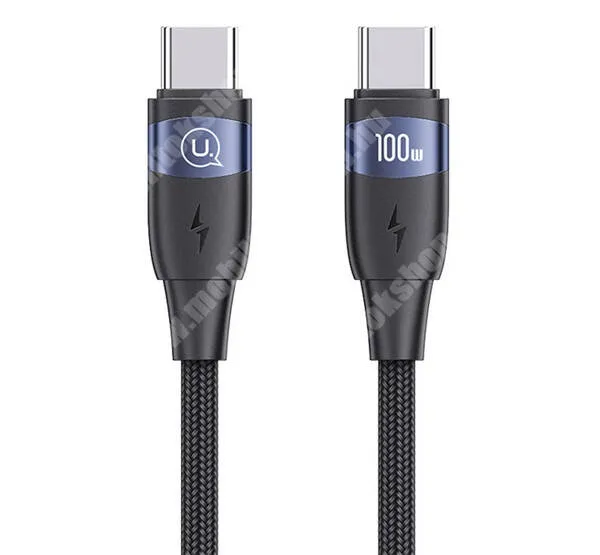  USAMS U85 adatátviteli kábel / USB töltő - Type-C / Type-C csatlakozók, 1,2m hosszú, 100W, szövettel bevont, törésgátló, PD gyorstöltés támogatás - FEKETE - SJ632USB01 - GYÁRI