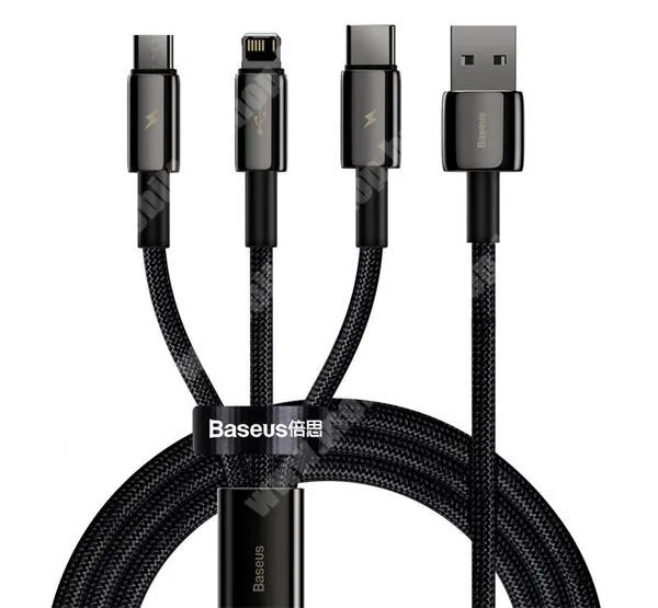 Evolveo StrongPhone Q8 LTE BASEUS 3 az 1-ben adatatátviteli kábel / USB töltő - FEKETE - Type-C, microUSB, Lightning / USB csatlakozás, 1,5m hosszú, törésgátló, szövettel bevont, gyorstöltés támogatás - CAMLTWJ-01 - GYÁRI