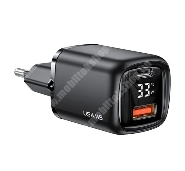  USAMS T46 hálózati töltő - 1x USB és 1x Type-C aljzattal, 33W, LED kijelző, PD gyorstöltés támogatás, KÁBEL NÉLKÜL! - FEKETE - CC152TC01 - GYÁRI