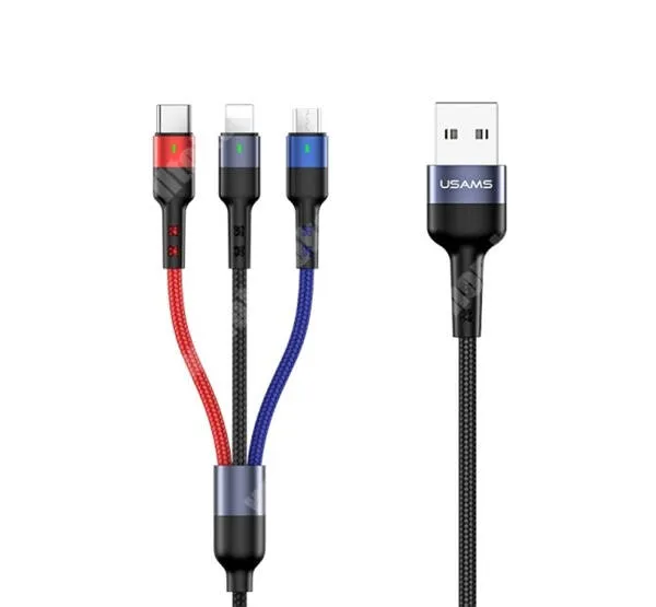 Evolveo StrongPhone Q8 LTE USAMS U26 3 az 1-ben töltő kábel - FEKETE - 1x Type-C, 1x microUSB, 1x Lightning / USB csatlakozás, 35cm hosszú, 2A, gyorstöltés támogatás - SJ410USB01 - GYÁRI