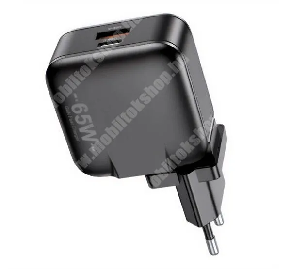  AWEI PD55-EUhálózati töltő - FEKETE - 1x Type-C és 1x USB aljzat, 65W, GaN, PD gyorstöltés támogatás, KÁBEL NÉLKÜL! - PD55-EU - GYÁRI