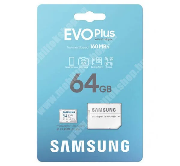  SAMSUNG microSDXC EVOPlus Blue Wave memóriakártya 64GB - Class 10, UHS-1 + SD adapter - MB-MC64SA - GYÁRI