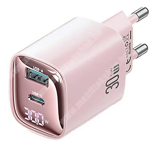  USAMS CC229 hálózati töltő - 1x USB és 1x Type-C aljzattal, GaN, 30W, QC3.0 és PD gyorstöltés támogatás, LED kijelző, KÁBEL NÉLKÜL! - RÓZSASZÍN - CC229TC01 - GYÁRI