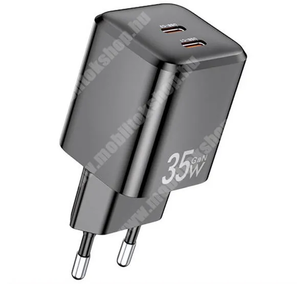 AWEI PD65-EU hálózati töltő - FEKETE - 2x Type-C aljzat, 35W, GaN, PD gyorstöltés támogatás, KÁBEL NÉLKÜL! - PD65-EU - GYÁRI