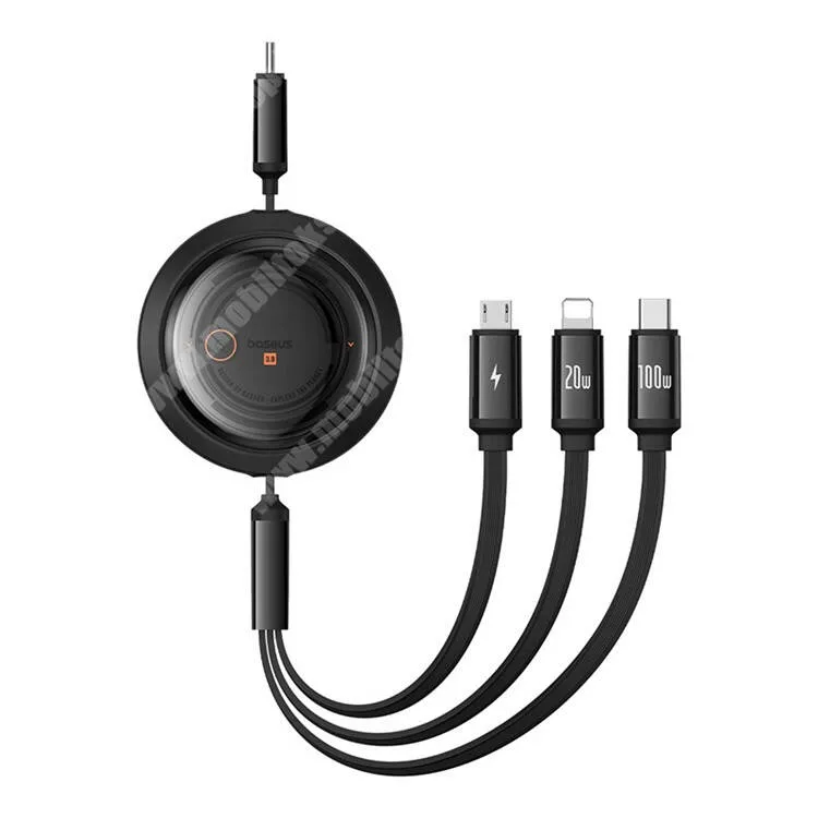 Evolveo StrongPhone Q8 LTE BASEUS FREE2DRAW 3 az 1-ben adatátviteli kábel / USB töltő - FEKETE - Type-C / microUSB, Lightning és Type-C csatlakozók, 100W, 110cm hosszú felcsévélhető kábel, 3.5A, PD gyorstöltés támogatás - P10368700111-02 - GYÁRI