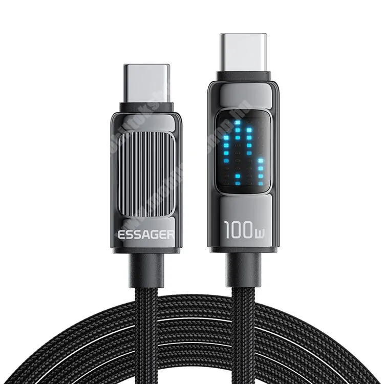 Tecno Spark 9 Pro ESSAGER adatátviteli kábel / USB töltő - Type-C / Type-C csatlakozók, 100W, 1m hosszú, 480Mbps adatátviteli sebesség, E-Marker Chip, LED kijelző, PD gyorstöltés támogatás, törésgátló, szövettel bevont, 20V/5A - FEKETE - GYÁRI