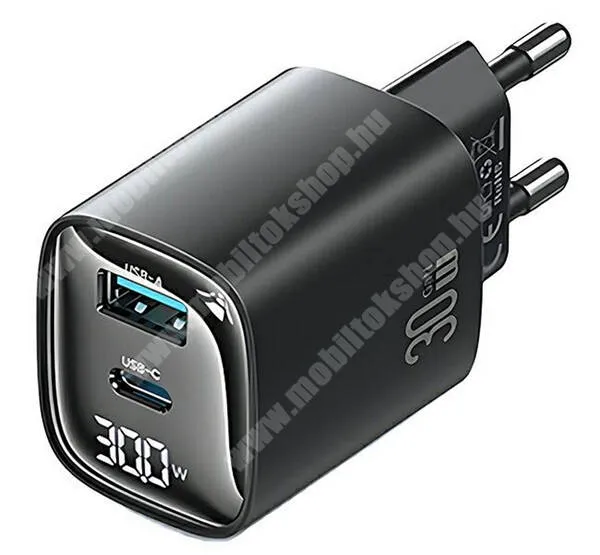  USAMS CC229 hálózati töltő - 1x USB és 1x Type-C aljzattal, GaN, 30W, QC3.0 és PD gyorstöltés támogatás, LED kijelző, KÁBEL NÉLKÜL! - FEKETE - CC229TC01 - GYÁRI