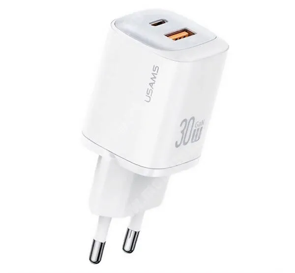  USAMS CC254 hálózati töltő - 1x USB és 1x Type-C aljzattal, GaN, 30W, QC3.0 és PD gyorstöltés támogatás, KÁBEL NÉLKÜL! - FEHÉR - CC254TC02 - GYÁRI