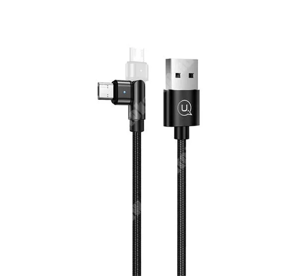  USAMS U60 adatátvitel adatkábel és töltő - USB / microUSB csatlakozók, forgatható fej, 1m hosszú, szövettel bevont, 2A, 10W, LED jelző - FEKETE - SJ478_MICROUSB_B - GYÁRI
