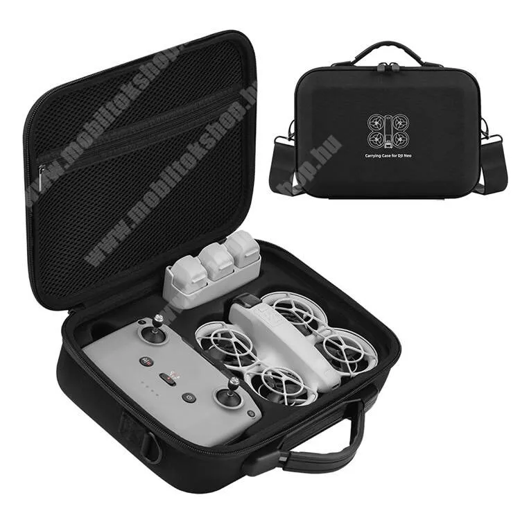  DJI Neo drónhoz BRDRC  tartó, Hordozó táska, Ütődésálló, Cseppálló, Belső hálós zseb, Puha bélés, Hordozó fül, Cipzár, Állítható vállpánt, PU bőr, EVA, Erős védelem, 280 x 90 x 195mm, Fekete