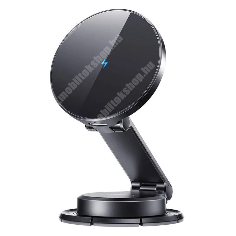 Evolveo StrongPhone Q8 LTE JOYROOM mágneses autós telefon tartó állvány, Műszerfalra rögzíthető, Magsafe támogatás, 15W QI wireless vezetéknélküli töltés, 360°-ban forgatható, LED jelzés, Fém lappal, Gyorstöltés támogatás, Fekete