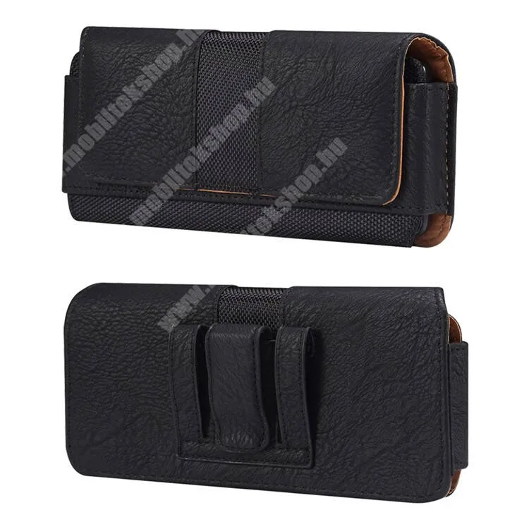  UNIVERZÁLIS fekvő tok, PU bőr, Szövet, Mágneses záródás, Övre fűzhető, Bankkártyatartó zseb, Övcsipesz, max 163 x 83 x 18mm-es készülékekhez, Fekete