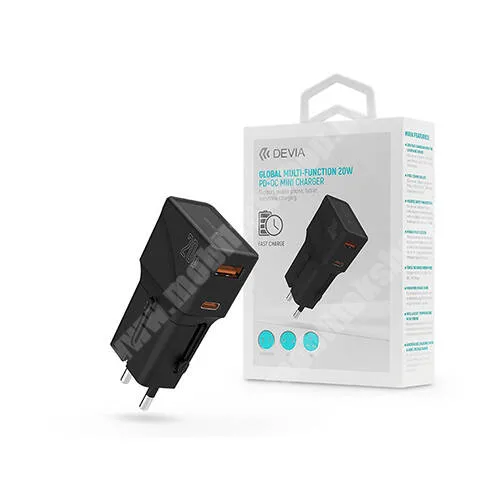 VODAFONE Smart Tab III 7 Devia Global Univerzális utazó töltő, Hálózati töltő, 1x USB és 2x Type-C aljzat, 20W, PD gyorstöltés támogatás, CN, JP, US, EU, UK, AU, Fekete