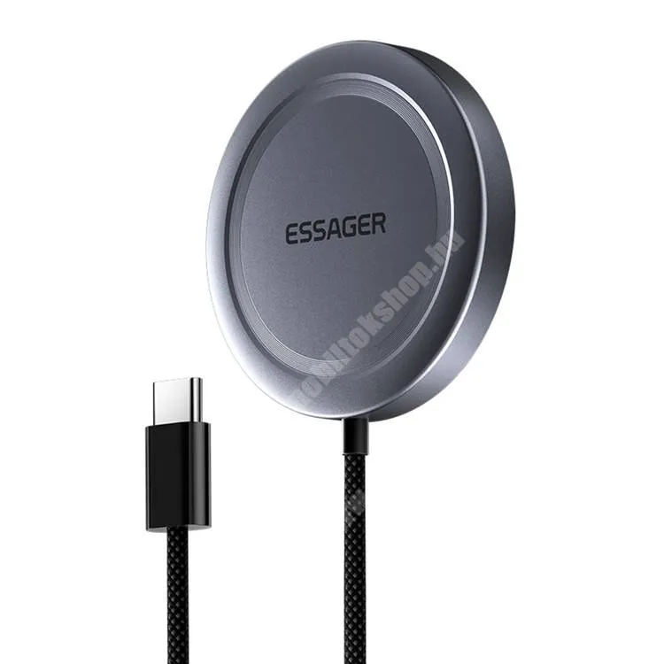  ESSAGER MagSafe Qi2 Wireless hálózati töltő állomás vezeték nélküli töltéshez, Fogadóegység nélkül, MagSafe támogatás, Beépített szövettel bevont Type-C kábel, Gyorstöltés támogatás, 15W, Fekete