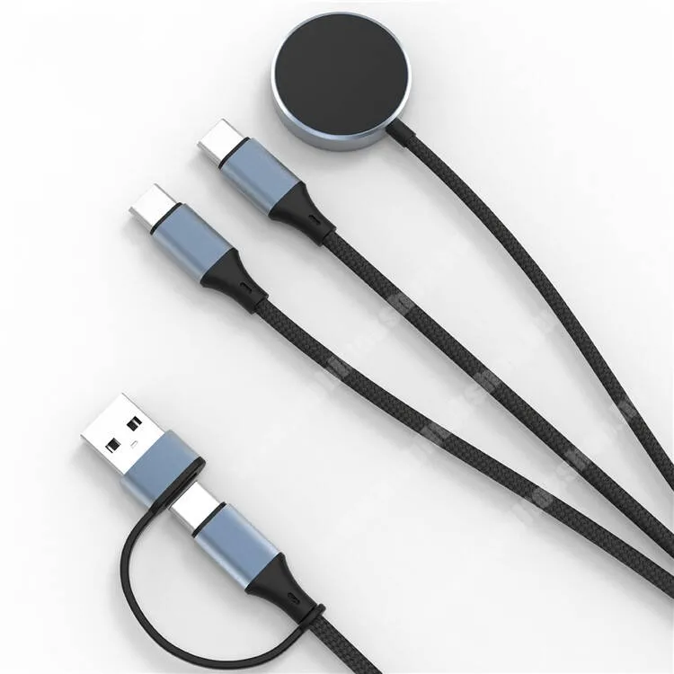 GoPro Hero 9 Univerzális 3 az 1ben USB töltőkábel, Type-C / USB - 2x Type-C és 1x okosóra töltő csatlakozó, 1m hosszú, Mágneses, 100W, Szövettel bevont, PD gyorstöltést támogatás, Fekete