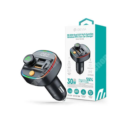  DEVIA SMART bluetooth FM transmitter, Kihangosító és autós töltő, 2x USB és 1x Type-C aljzat, 30W, PD, QC gyorstöltés, Felvevő és média gombok, Világítás, AUX, Fekete