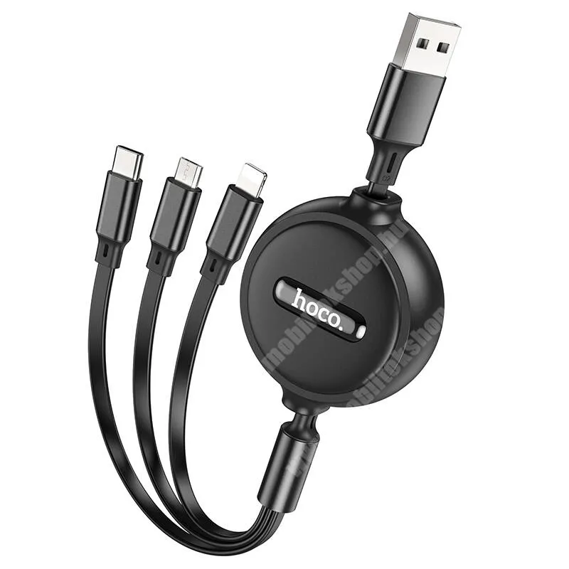 Evolveo StrongPhone Q8 LTE HOCO X75 3 az 1-ben adatátviteli kábel, USB töltő, USB / microUSB, Lightning és Type-C csatlakozók, 20W, 2A, 1m hosszú felcsévélhető kábel, Gyorstöltés támogatás, Fekete