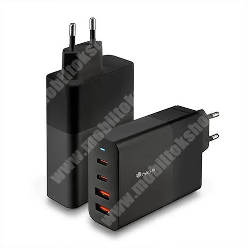  NGS hálózati töltő, 2x Type-C és 2x USB aljzat, 100W, GaN, PD+QC gyorstöltés támogatás, Kábel nélkül, Fekete