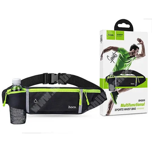 Evolveo StrongPhone Q8 LTE HOCO univerzális övtáska, Állítható pánt, Ultravékony, Cseppálló, Cipzár, Fülhallgató kivezető nyílás, Fényvisszaverő, Palacktartó, Légáteresztő, 500x110 mm, Fekete, Zöld