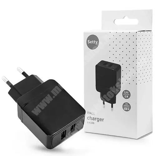 PRESTIGIO MultiPhone 7500 Setty hálózati töltő, 2x USB aljzattal, 12W, 5V / 2.4A, QC gyorstöltés támogatás, Kábel nélkül, Fekete