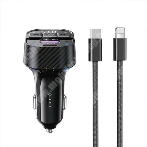 Evolveo StrongPhone Q8 LTE XO BCC17 bluetooth FM transmitter, Kihangosító és autós töltő, 1x USB és 1x Type-C aljzat, 30W, PD, QC gyorstöltés, Felvevő és média gombok, AUX, Type-C - Lightning adatátvitel és töltő kábellel, Fekete