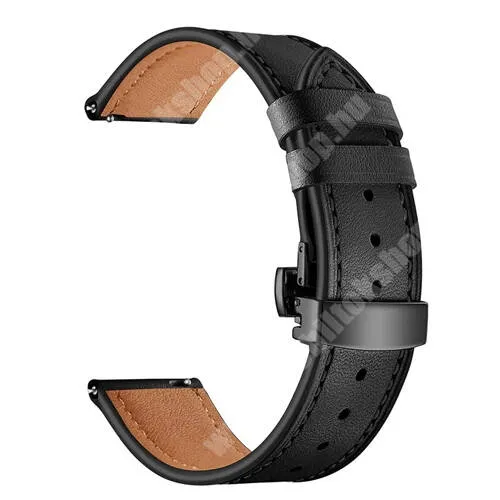 Lenovo HW25 Carme Smart Watch Xpro Okosóra szíj, Valódi bőr, Pillangó csatos, Állítható, 22mm széles, Fekete, HUAWEI Watch GT 3 46mm, GT 3 Pro 46mm, Watch 3 46mm, Watch 3 Pro 48mm, SAMSUNG Watch3 45mm, Xiaomi Watch S2, Amazfit GTR 4 46mm