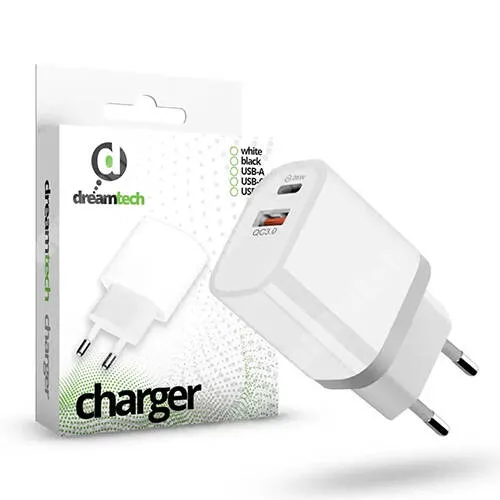 PRESTIGIO MultiPhone 7500 Dreamtech Charger hálózati töltő, 1x Type-C és 1x USB aljzattal, 20W, PD gyorstöltés támogatás, Kábel nélkül, Fehér