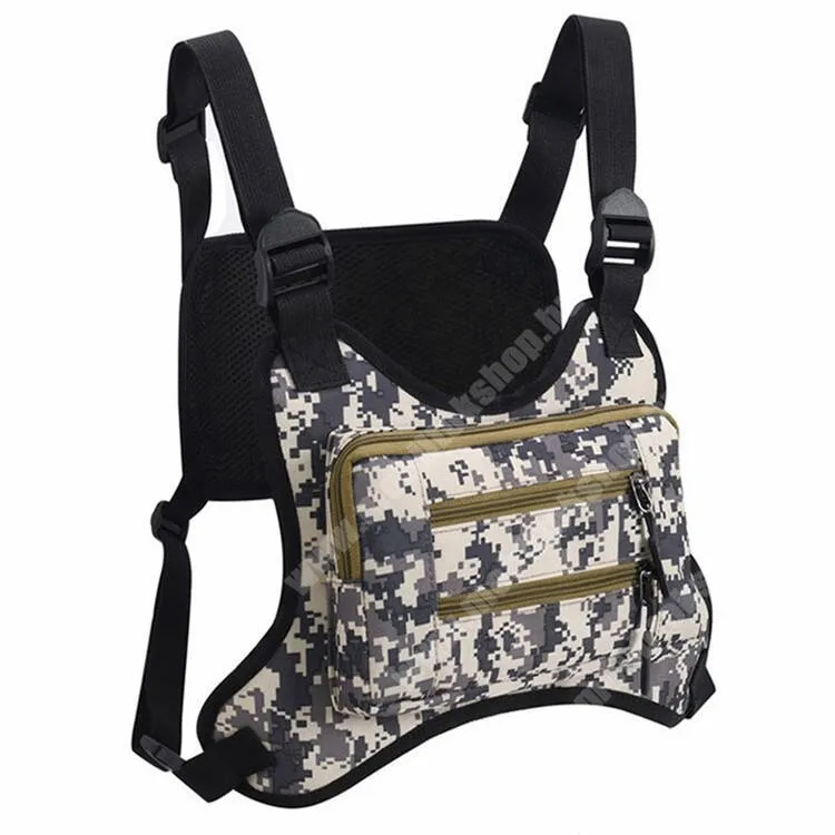 GoPro Hero 9 Taktikai mellény, Melltáska, Cseppálló poliészter szövet, Szabadtéri tevékenységhez, Túrázáshoz, Vadászathoz, Túlélőtáska, Cipzár, 220x150x40mm, Terep szürke