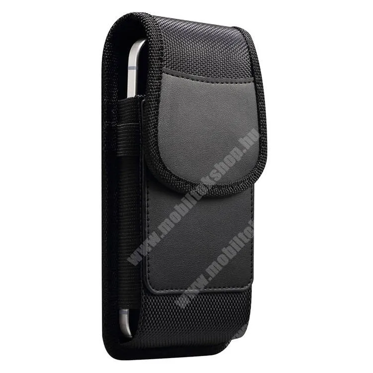  UNIVERZÁLIS álló tok, PU bőr, Övre fűzhető, Övcsipesz, Gumis, Ceruzatartó, Bankkártyatartó, Mágneses záródás, max 170 x 85 x 20mm méretű készülékekhez, Fekete