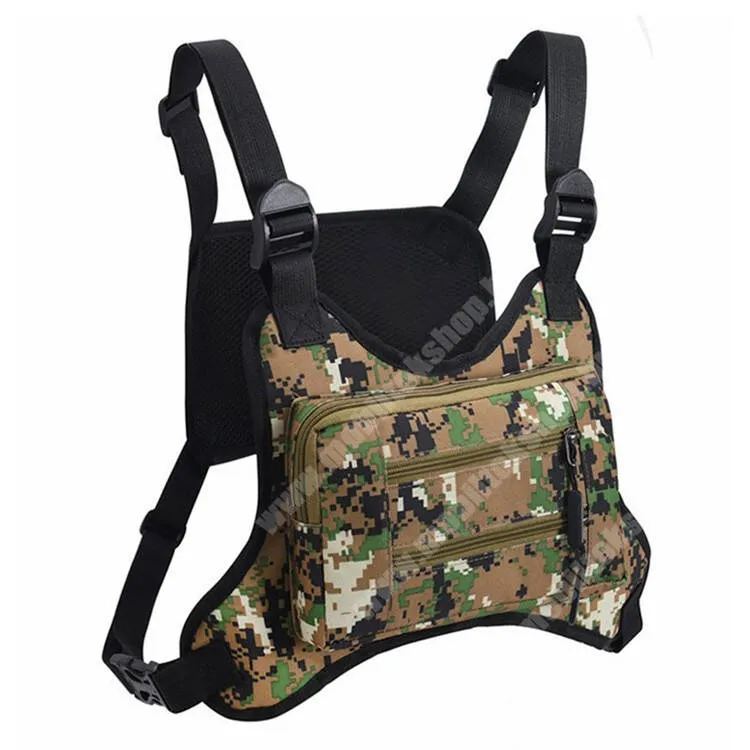 GoPro Hero 9 Taktikai mellény, Melltáska, Cseppálló poliészter szövet, Szabadtéri tevékenységhez, Túrázáshoz, Vadászathoz, Túlélőtáska, Cipzár, 220x150x40mm, Terep barna