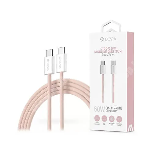 CAT S61 Devia Smart Woven adatátvitel és töltőkábel, Type-C / Type-C csatlakozók, 20V/3A, 60W, 1m hosszú, Szövettel bevont, PD gyorstöltés támogatás, Rózsaszín