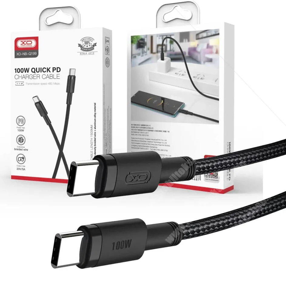 Tecno Spark 9 Pro XO adatátvitel és töltő kábel, Type-C / Type-C csatlakozók, 20V/5A, 100W, 1,5m hosszú, Szövettel bevont, Törésgátló, PD gyorstöltés támogatás, NB-Q199, Fekete