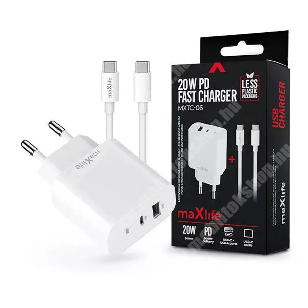 PRESTIGIO MultiPhone 7500 MAXLIFE hálózati töltő, 2x USB-C és 1x USB-A aljzat, 20W, PD, QC3.0 gyorstöltés támogatás, 1m USB-C / USB-C kábel, Fehér