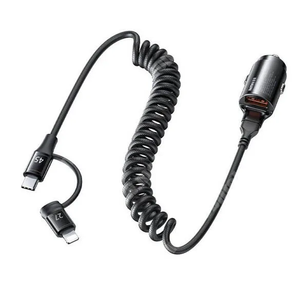  Remax Ruichy autós telefontöltő, 1 x USB-A aljzat, 1 x fix spirál USB-C / Lightning adapteres kábel, 45W, PD gyorstöltés, RCC356, Fekete