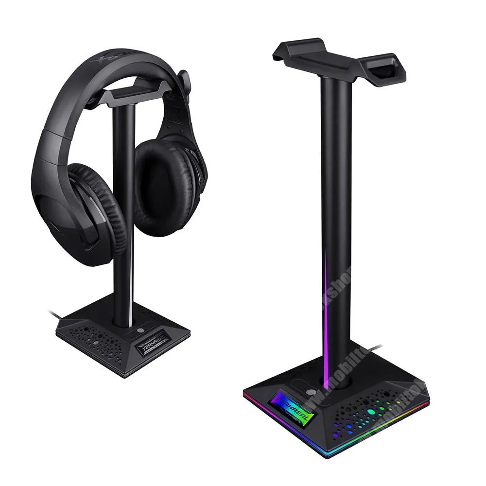 DIGI R1 RGB Gamer fejhallgató állvány USB Hubbal, 3,5 mm AUX, Csúszásgátló, 281 x 110mm, Fekete