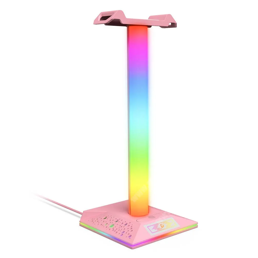 DIGI R1 RGB színváltós gamer fejhallgató állvány 2 x USB-A, 1 x USB-C aljzattal csatlakozással, 272 x 110mm, Rózsaszín