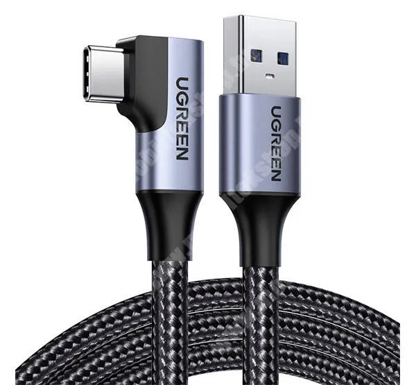 GoPro Hero 9 UGREEN adat és gyorstöltő kábel, USB-C / USB-A, Derékszögű, 3A, 15W, Gyorstöltés, 1m hosszú, Szövettel bevont, US385, Fekete