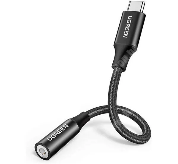  UGREEN audio adapter, USB-C / 3,5mm Jack aljzat, DAC chip, 10cm hosszú szövettel bevont törésgátlós kábel, AV142, Fekete