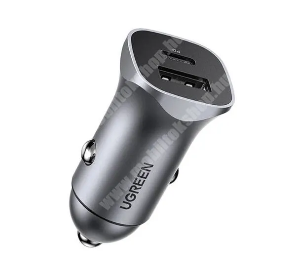  UGREEN autós telefontöltő, 1 x USB-A, 1 x USB-C aljzat, 24W, QC 3.0, PD gyorstöltés, Kábel nélkül, CD130, Sötétszürke