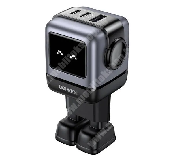 Red Bull Mobile HTC Wildfire S UGREEN Nexode RG hálózati gyorstöltő, 1 x USB-A, 2 x USB-C aljzat, 65W, GaN, PD 4.0 gyorstöltés, Jelző LED, Robot forma, Kábel nélkül, Szürke, Fekete