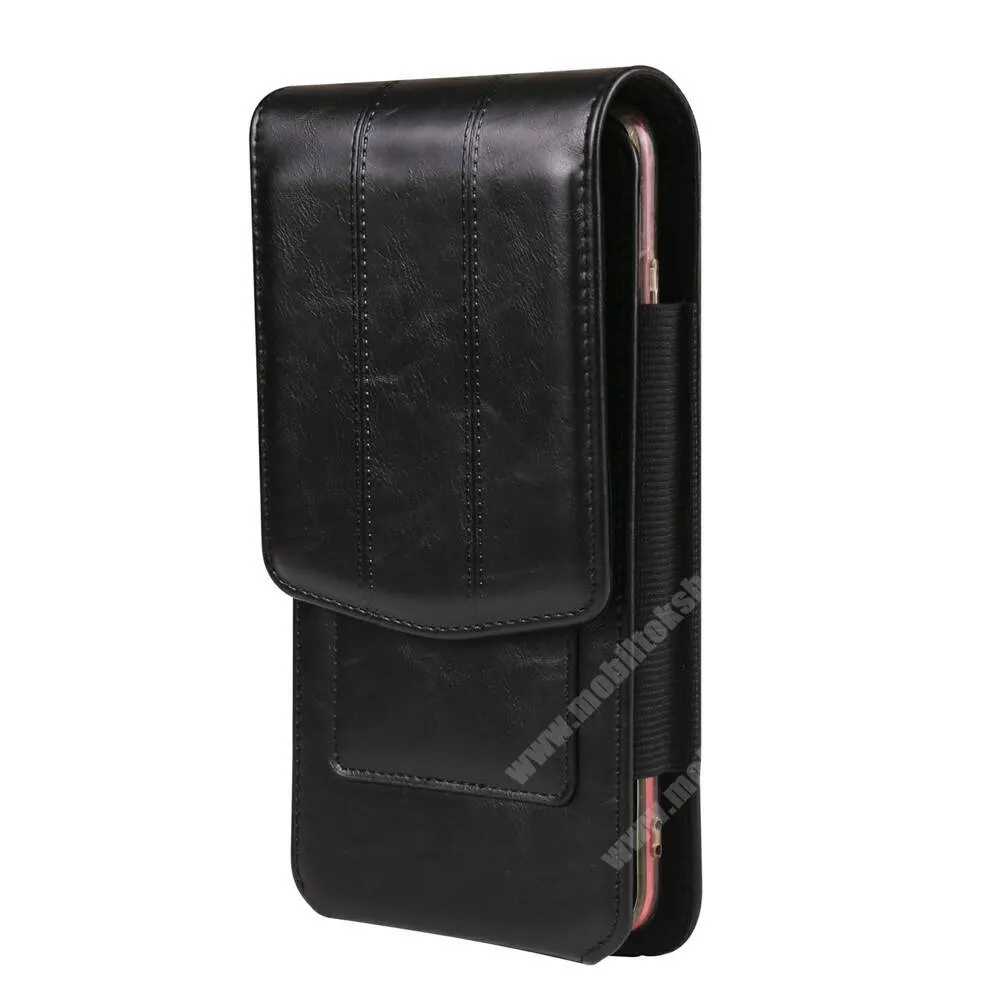  Univerzális álló tok, Övre fűzhető, Övcsipesz, PU bőr, Mágnespatent, Gumis, Bankkártyatartó, 165 x 85 x 18mm, Fekete