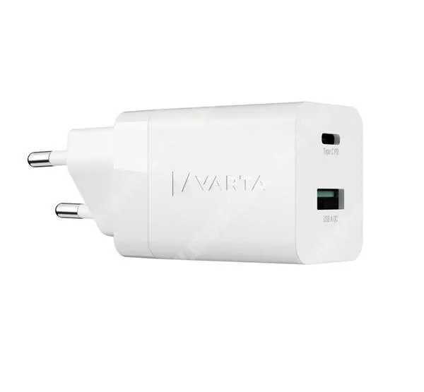 DIGI R1 VARTA hálózati töltőfej, 1 x USB-A QC 3.0 + 1 x USB-C aljzat, 38W, GaN, PD gyorstöltő, 57955101111, Kábel nélkül, Fehér