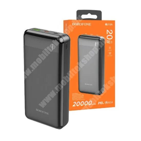 Jolla Jolla C Hoco Borofone power bank, Vésztöltő, 1 x USB-A, 1 x microUSB, 1 x USB-C aljzat, 20000mAh, 20W, PD 3.0, QC 3.0 gyorstöltő, LED kijelző, BJ19A, Fekete