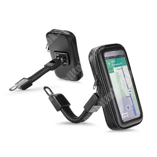 Bluboo D1 Motoros telefontartó, állvány, 360°-ban forgatható, Zipzáras bölcsővel, Vízálló, max 168x97mm méretű készülékekhez, 180mm hoszú kar, Fekete