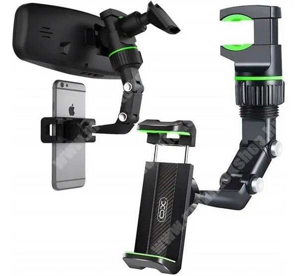  XO C107 autós telefontartó visszapillantó tükörre vagy fejtámlára rögzíthető, 360°-ban forgatható, Állítható dőlésszög, 50-100mm-ig nyíló bölcső, Fekete, Zöld