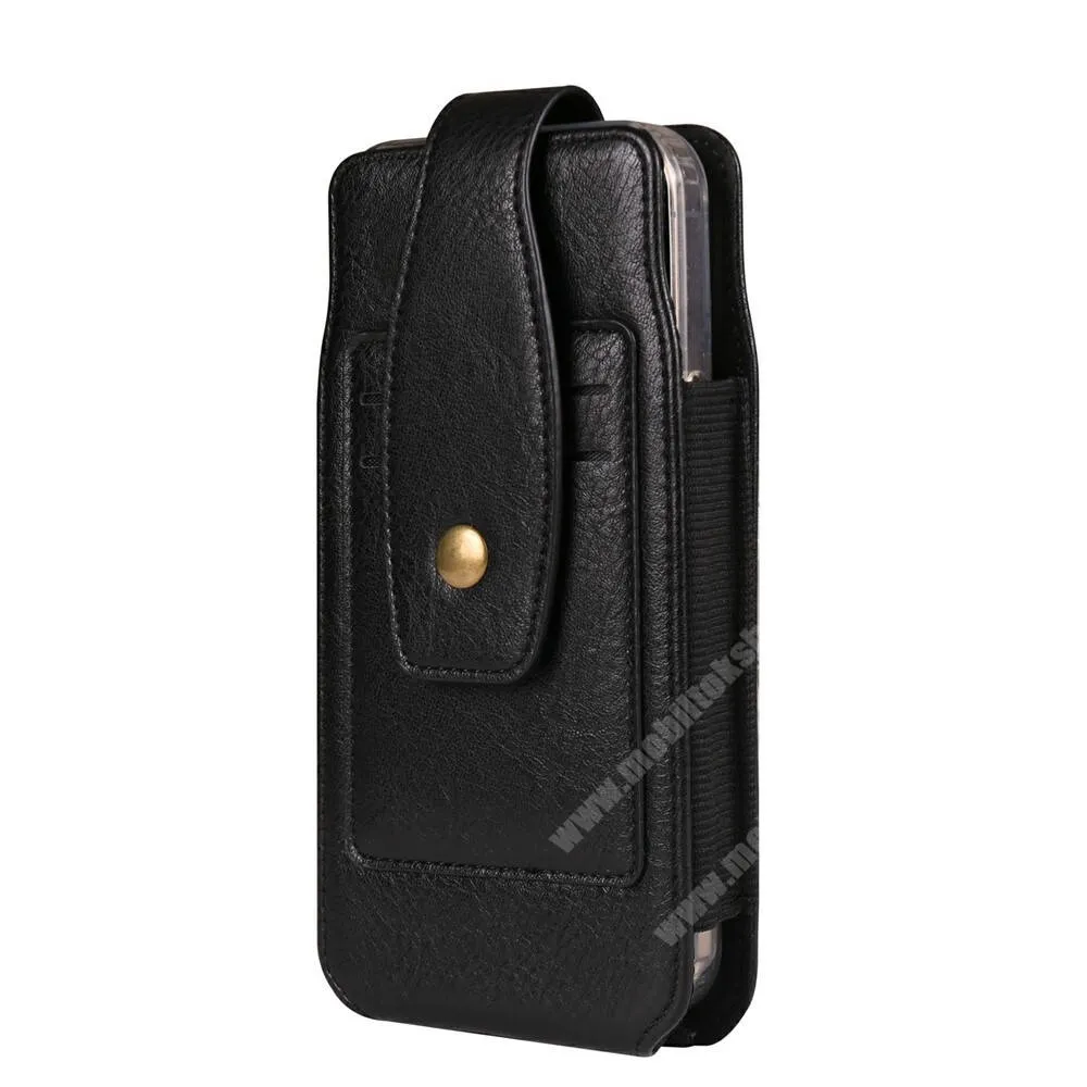  Univerzális álló tok, Övre fűzhető, Övcsipesz, PU bőr, Mágnespatent, Gumis, Kártyatartó, 170 x 80 x 20mm, Fekete