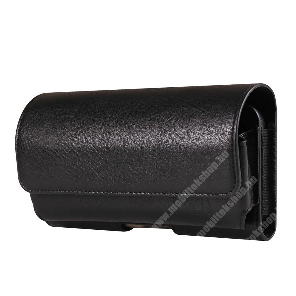 Tecno Spark 9 Pro Univerzális fekvő tok, Övre fűzhető, Övcsipesz, PU bőr, Mágnespatent, 175 x 90 x 20mm + Kártyatartó + Extra zseb, Fekete