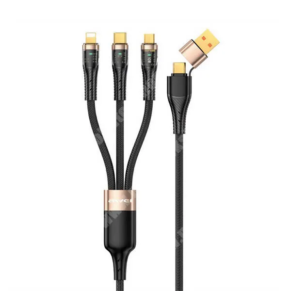 GoPro Hero 9 Awei adatátviteli és töltő kábel, USB-C + USB-A / USB-C (100W) + microUSB (10W) + Lightning (27W) csatlakozók, Szövettel bevont, 1,2m hosszú, 480Mbs, CL-228, Fekete