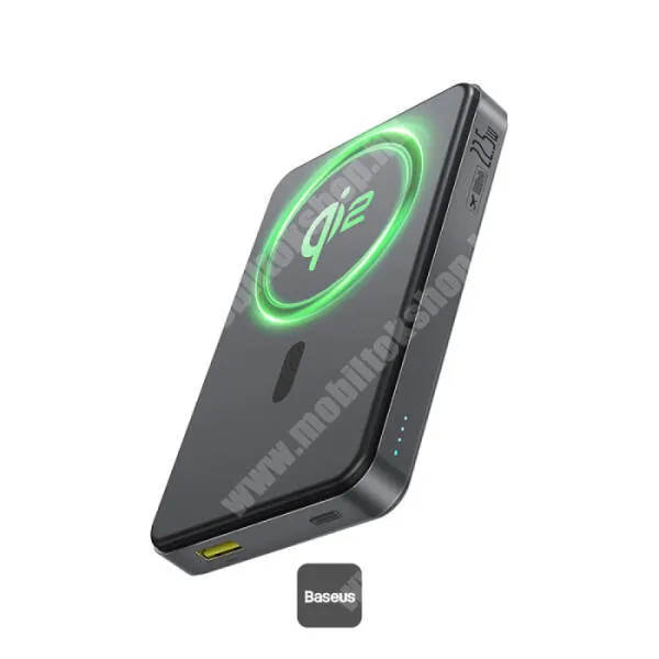 Evolveo StrongPhone Q8 LTE Baseus Airpow II power bank, Vésztöltő, 1 x USB-A, 1 x USB-C aljzat, 10000mAh, 22,5W, PD3.0, QC3.0 gyorstöltő, LED jelző, 15W MagSafe Qi2 vezeték nélküli töltés, Fekete